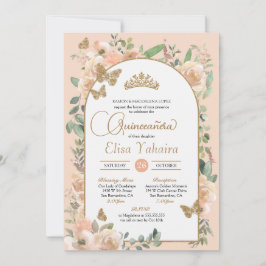 Peach Floral Gold Butterfly Wasserfarbe Quinceañer Einladung