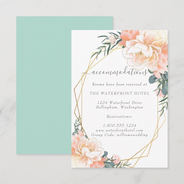 Peach Floral Gold Mint Grünen Hochzeitsunterkunft Begleitkarte (Vorne/Hinten)