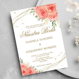 Peach Floral Gold Nuestra Boda Spanische Hochzeit Einladung