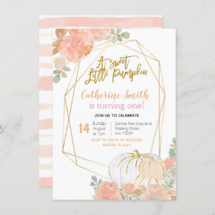 Peach Floral Gold Pumpkin 1. Geburtstag Einladung