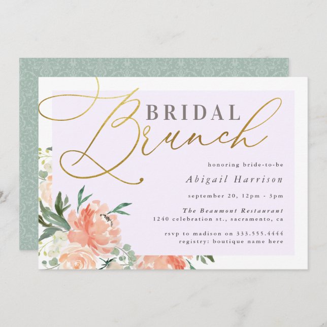 Peach Floral Gold Script Lavender Bridal Brunch Einladung (Vorne/Hinten)