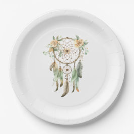 Peach floral Green Feathers Dream Catcher Geburtst Pappteller