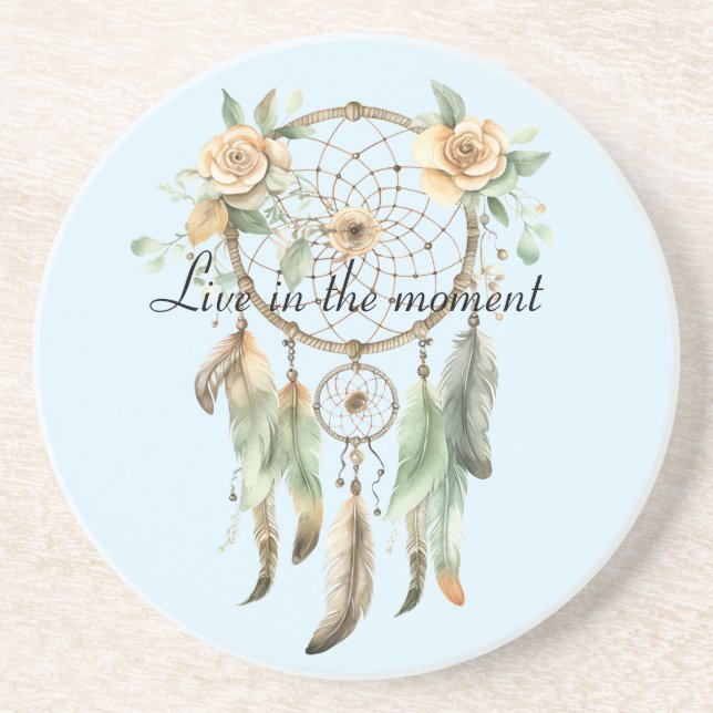 Peach floral Green Feathers Dream Catcher Getränkeuntersetzer (Vorne)