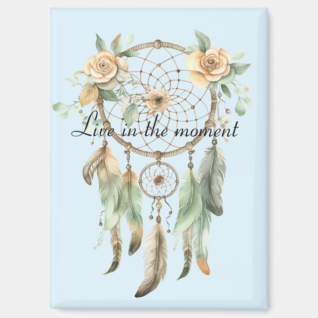 Peach floral Green Feathers Dream Catcher Magnet (Vorderseite)