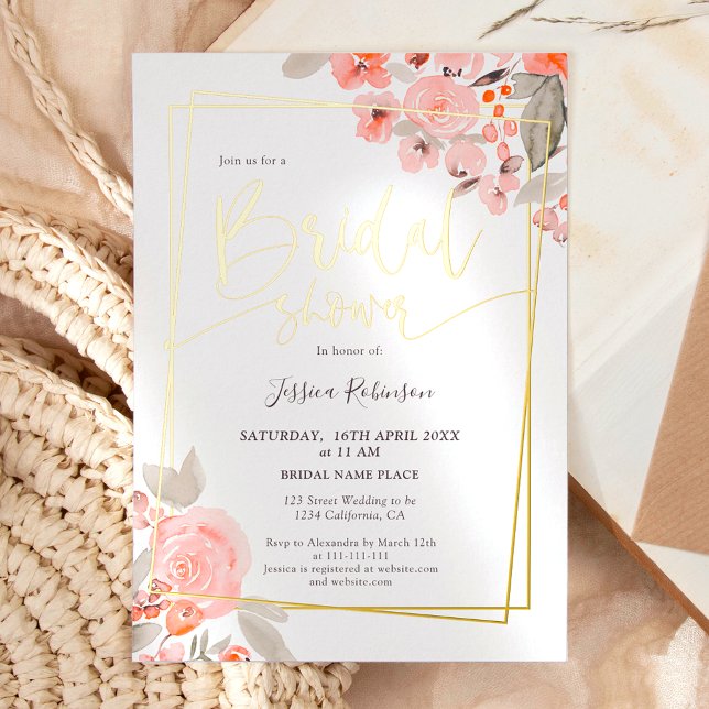 Peach floral grün Gold Skript-Brautparty Folieneinladung (Peach floral greenery gold script bridal shower foil invitation)