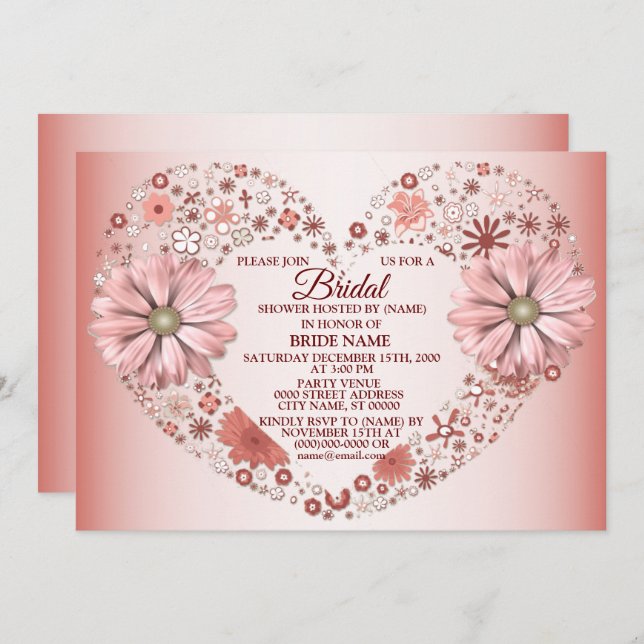 Peach Floral Heart Modern Bridal Shower Party Einladung (Vorne/Hinten)