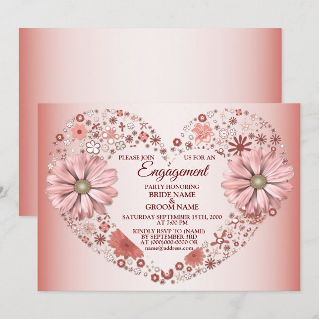 Peach Floral Heart Modern Engagement Party Einladung (Vorne/Hinten)