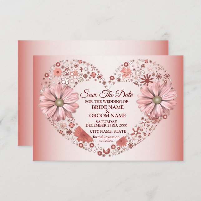 Peach Floral Heart Modern Save The Date (Vorne/Hinten)