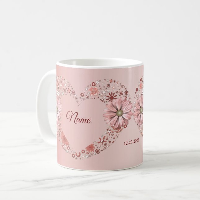 Peach Floral Heart Modern wedding Gift Kaffeetasse (Vorderseite Links)