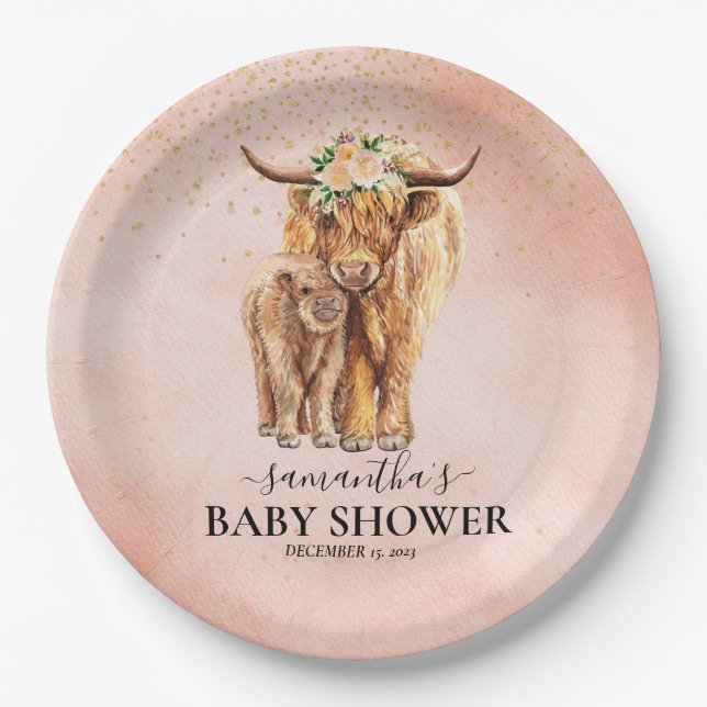 Peach Floral Highland Kuh Calf Baby Dusche Pappteller (Vorderseite)