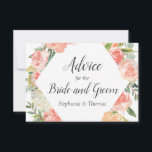 Peach Floral Medley Advice for Bridge and Groom Hinweiskarte<br><div class="desc">Verlass einen klugen Rat für Braut und Bräutigam mit dieser pfirsichblühenden "Ratschlag für Braut und Bräutigam" Karte, die mit ihren Namen personalisiert werden kann. Die Vorderseite der Karte ist mit einem rautenförmigen Blumenmuster mit Rose, Pfannkuchen und Hydrangeas in Pastellpfirsich, Lachsrosa und cremefarben mit nachfolgender Vegetation gestaltet. Auf der Rückseite der...</div>
