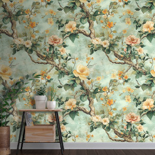 Peach Floral on Green Background Chinoiserie Stil Tapete