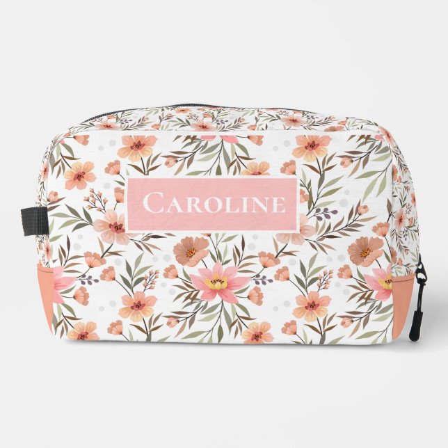 Peach Floral Personalized Cosmetic Bag Waschbeutel (Vorderseite)