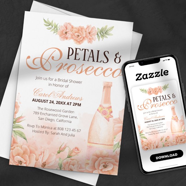 Peach Floral Petals & Prosecco Brautparty Einladung (Von Creator hochgeladen)