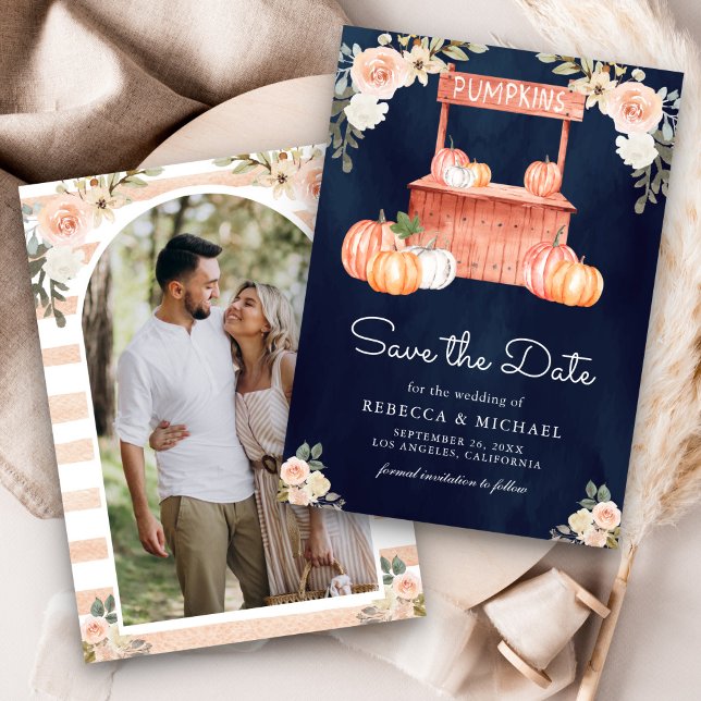 Peach Floral Pumpkin Market Foto Navy Hochzeit Save The Date (Von Creator hochgeladen)