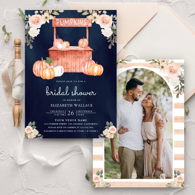 Peach Floral Pumpkin Market Navy Brautparty Einladung (Von Creator hochgeladen)