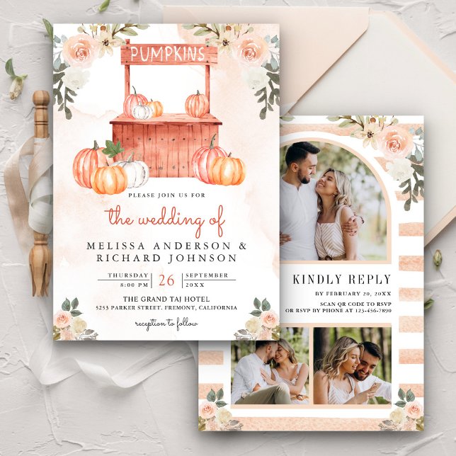 Peach Floral Pumpkin Market QR Code Hochzeit Einladung (Von Creator hochgeladen)