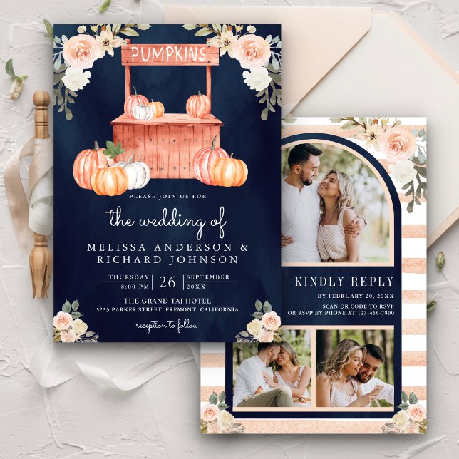Peach Floral Pumpkin Market QR Code Navy Hochzeit Einladung (Von Creator hochgeladen)