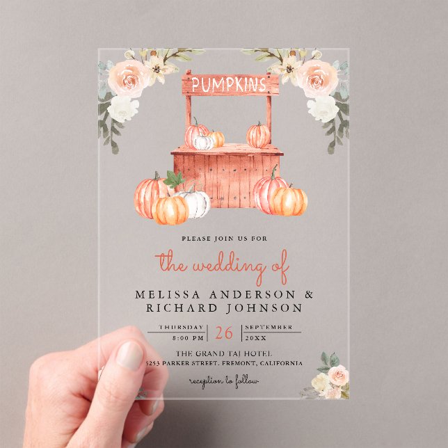 Peach Floral Pumpkin Market Wedding Acryleinladungen (Insitu (Handheld))