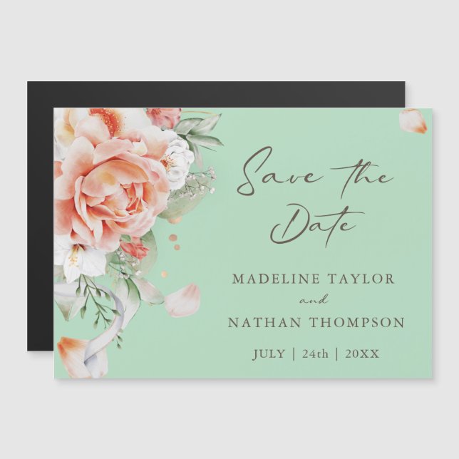 Peach Floral Save the Date Magneteinladung (Vorne/Hinten)