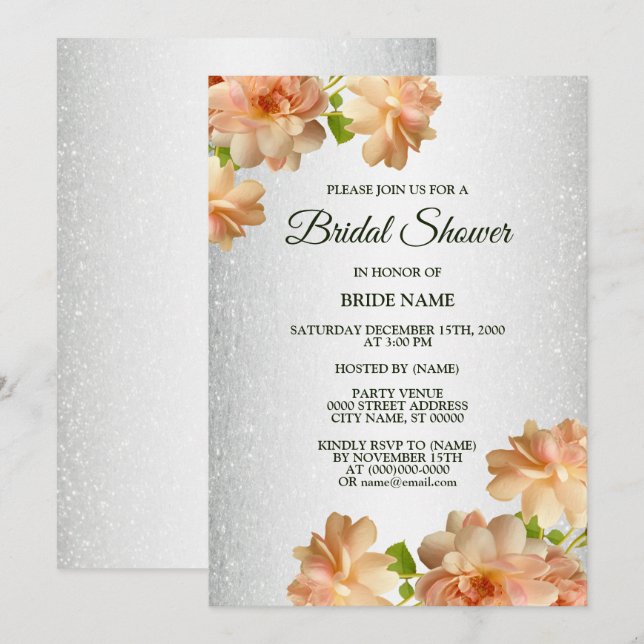 Peach Floral Silver Glitter Elegant Bridal Shower Einladung (Vorne/Hinten)