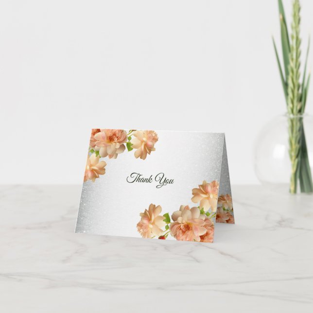 Peach Floral Silver Glitter Modern Wedding Party Dankeskarte (Vorderseite)