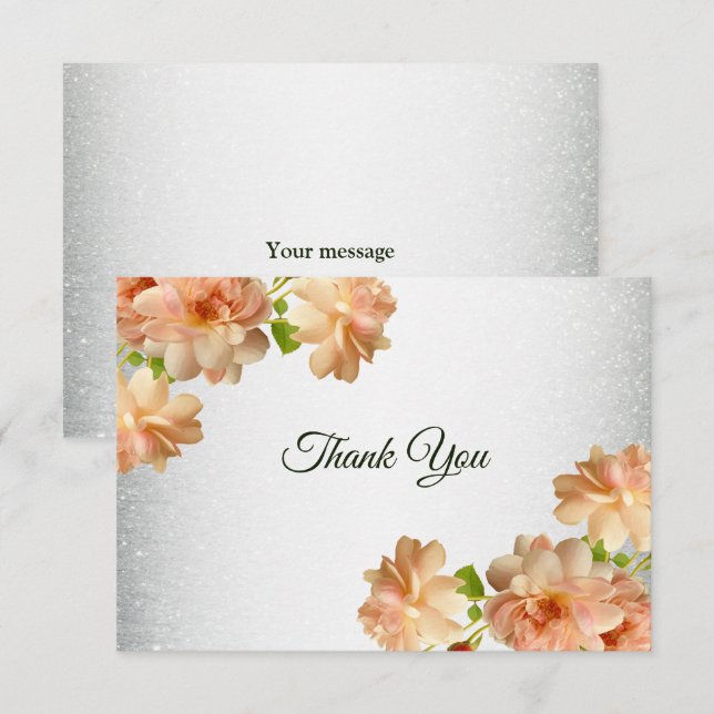 Peach Floral Silver Glitter Modern Wedding Party Dankeskarte (Vorne/Hinten)