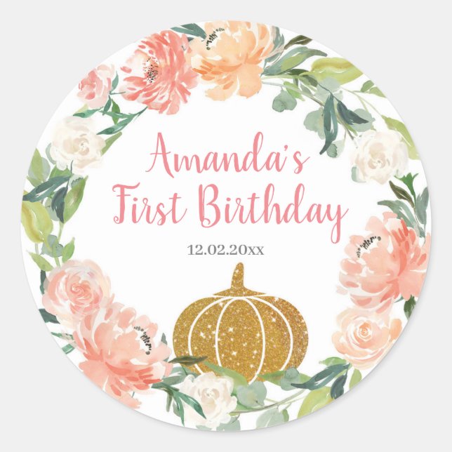 Peach Floral Unser kleiner Pumpkin Geburtstag Runder Aufkleber (Vorderseite)