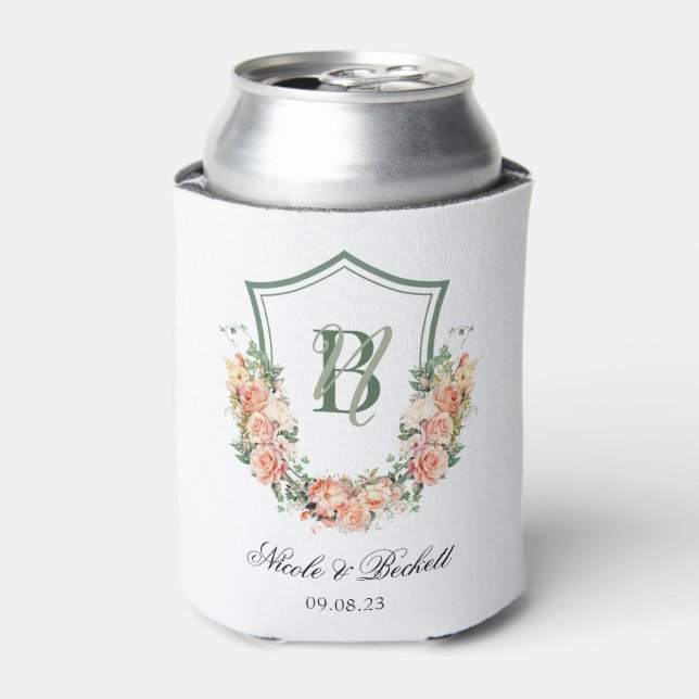 Peach Floral Wappen Hochzeit Cooler Dosenkühler (Kanne Vorderseite)