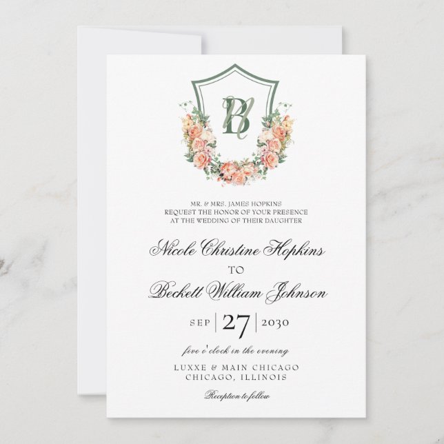 Peach Floral Wappen Wedding Einladung (Vorderseite)