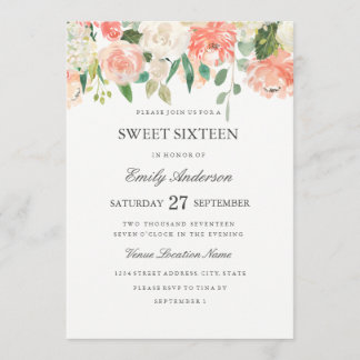 Peach Floral Watercolor 16 . Geburtstag Einladung