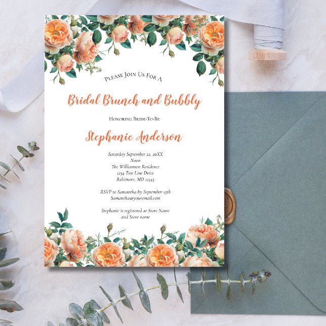 Peach Floral Watercolor Brautparty Brunch Einladung (Peach Floral Greenery Watercolor Elegant Bridal Shower Brunch Bubbly Invitation. Printed or Download)