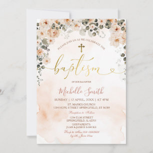 Peach Floral Watercolor Girl Cross Gold Taufen Einladung