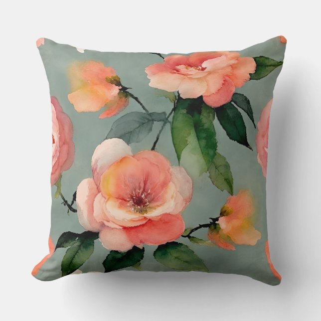 Peach Floral Watercolor Kissen (Vorderseite)