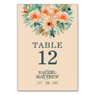 Peach Floral Watercolor Tischnummer