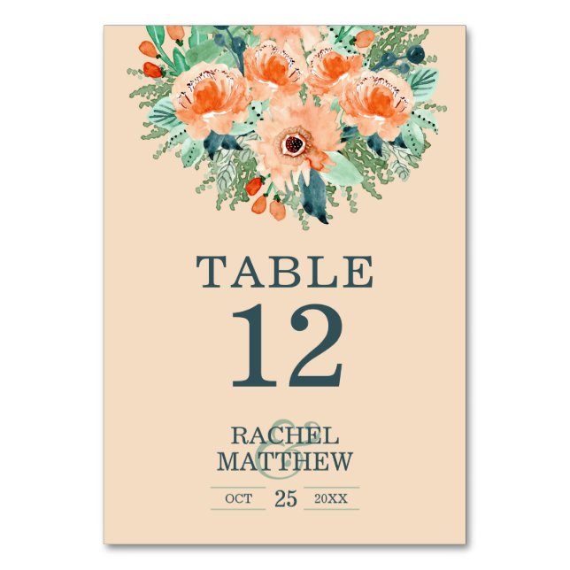 Peach Floral Watercolor Tischnummer (Vorderseite)