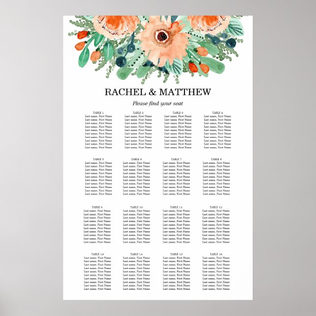 Peach Floral Wedding 16 Table Seating Chart Poster (Vorne)