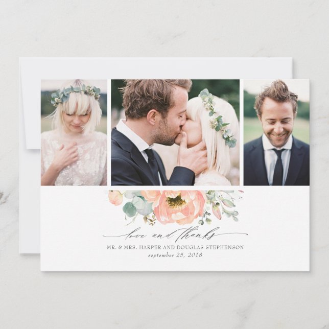 Peach Floral Wedding 3 Fotos Dankeskarte (Vorderseite)