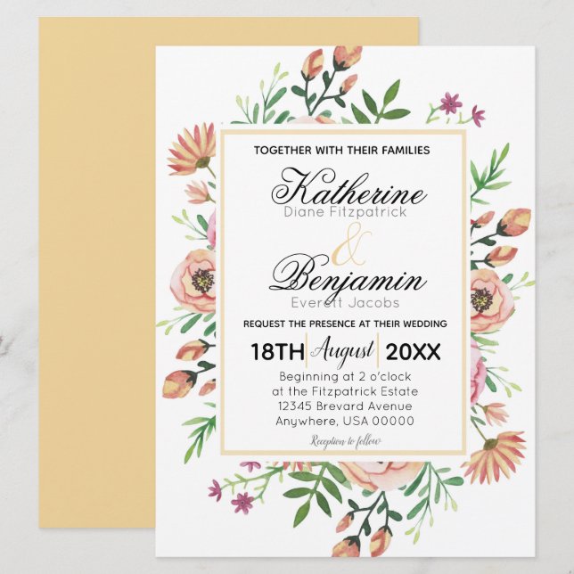 Peach Floral Wedding Einladung (Vorne/Hinten)