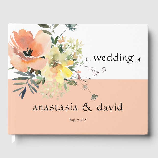 Peach Floral Wedding Guest Book Gästebuch (Vorderseite)