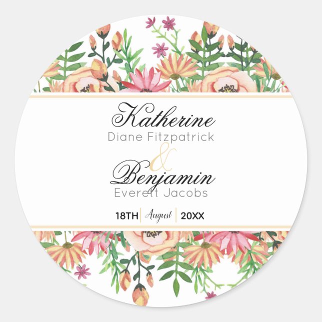 Peach Floral Wedding Runder Aufkleber (Vorderseite)