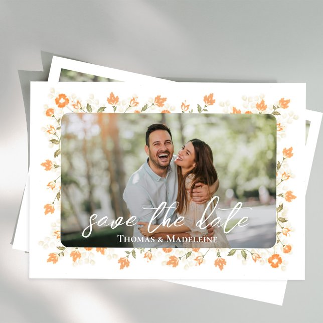 Peach floral Wedding Save the Date Foto Einladung (Wedding save-the-date photo card with a scannable QR code. )