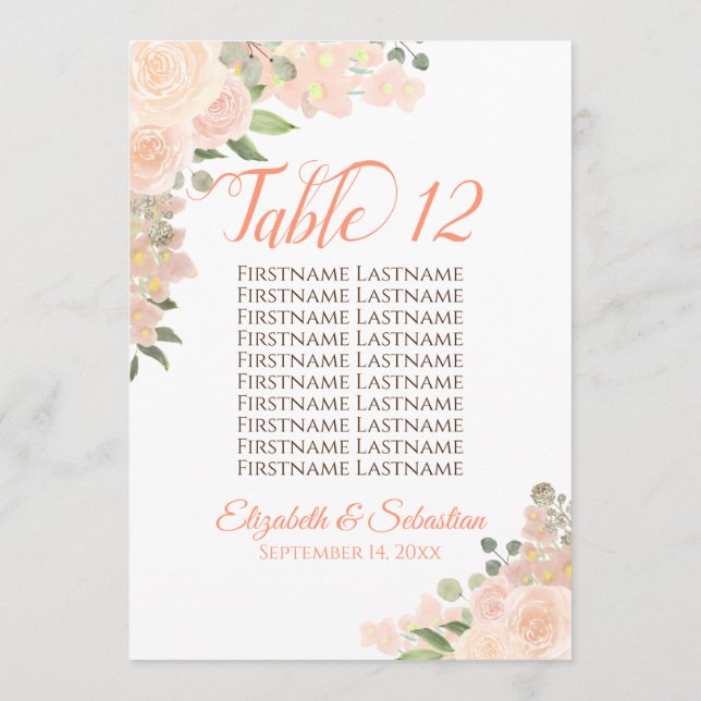 Peach floral Wedding Tischnummer & Names Large (Rückseite)