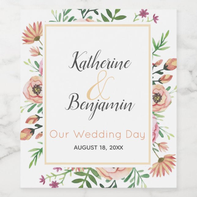 Peach Floral Wedding Weinetikett (Einzelnes Label)