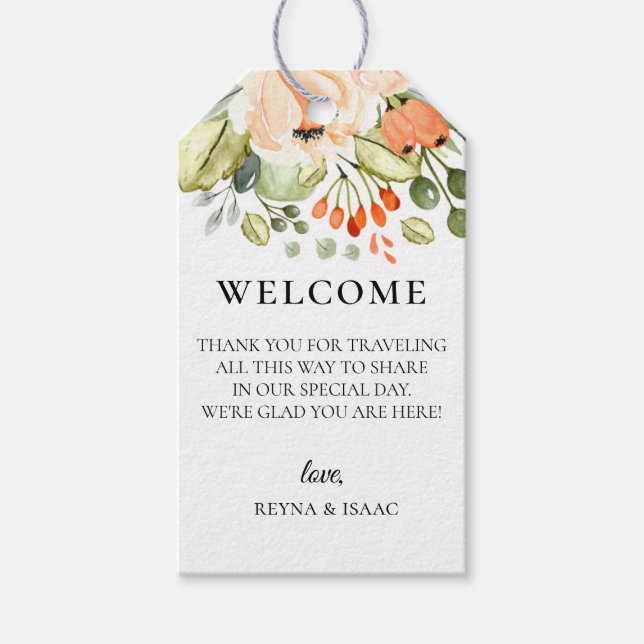 Peach Floral Wedding Welcome Bag Geschenkanhänger (Vorderseite)