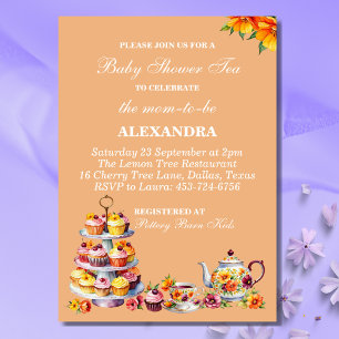 Peach Floral Whimsical Tea Baby Dusche Einladung
