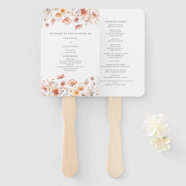 Peach Floral Wildblume Hochzeitsprogramm Hand Fan Fächer (Vorne und Hinten)