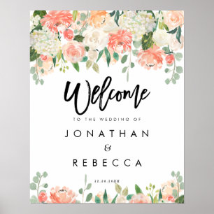 peach florals greenery wedding welcome sign poster