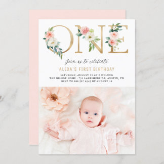 Peach Florals Imitate Goldene Fossilien Erster Geb Einladung