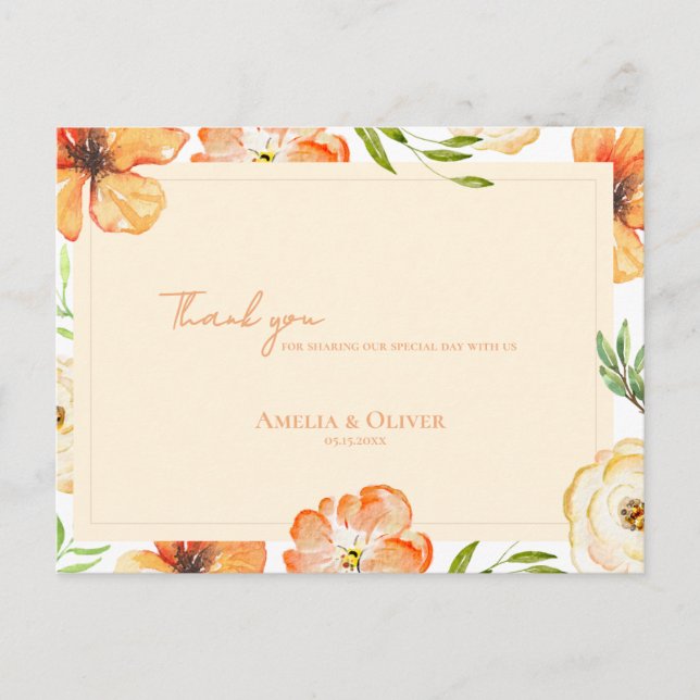 Peach Florals Romantic Garden Wedding Thank You Postkarte (Vorderseite)